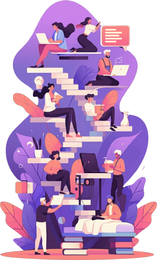 Illustration of people completing tasks such as studying and making the bed